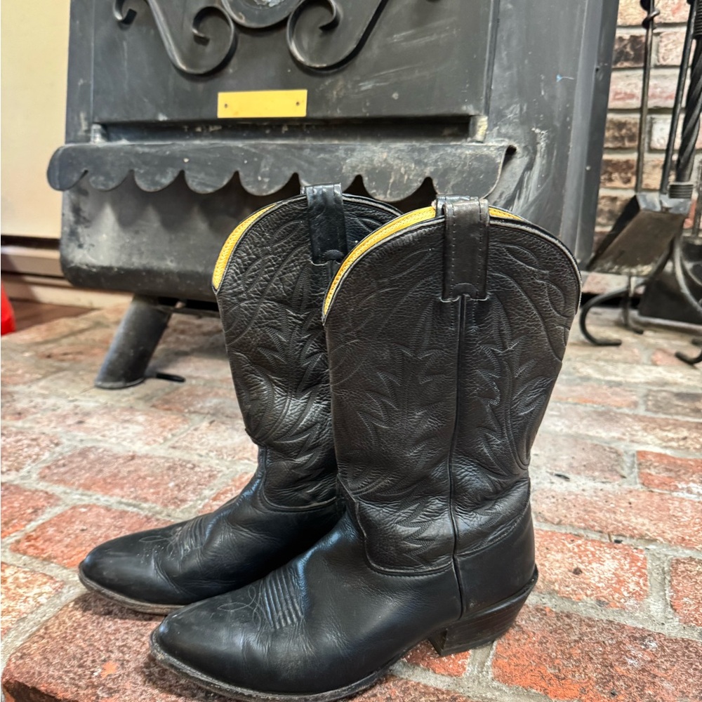 Black Leather Cowboy Boots with Yellow Trim